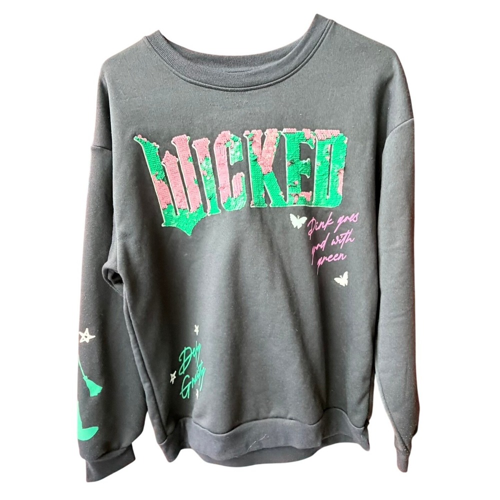Wicked Sweatshirt Women S Black Flip Sequin Defy Gravity Musical Theater Graphic